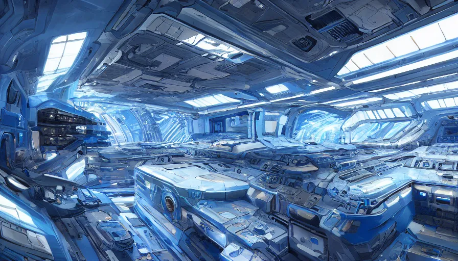 Image similar to Interior of a huge and bright blue and silver space base, hyperdetailed, artstation, cgsociety, 8k