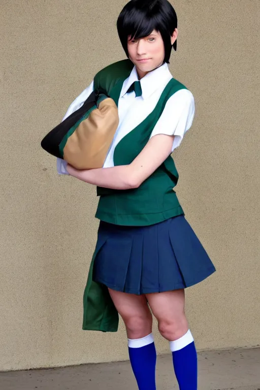 Image similar to a full - length photo of real life toph from avatar wearing a school uniform