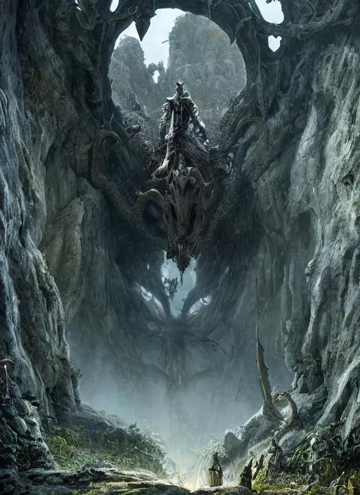 Image similar to medieval adventurer in lord of the rings scenery landscape, inside an enormous overgrown alien cathedral, huge statue of a dragon made of shiny obsidian in the distance, highly detailed, cinematic lighting, perfect composition, 4 k, gustave dore, derek zabrocki, greg rutkowski, octane render