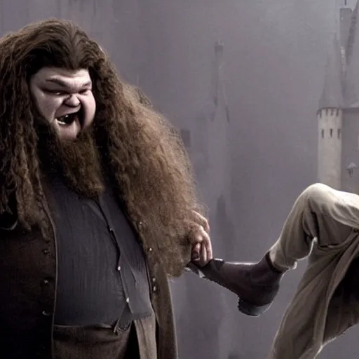 Prompt: hagrid midair jumping onto voldemort who looks terrified