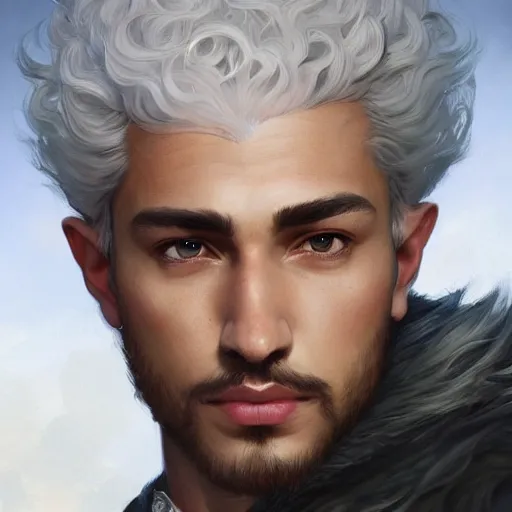 Image similar to beautiful, strong, mixed race, white hair, curly hair, small beard, male, face, head shot, fantasy, highly detailed, digital painting, artstation, concept art, smooth, sharp focus, illustration, art by artgerm and greg rutkowski and alphonse mucha