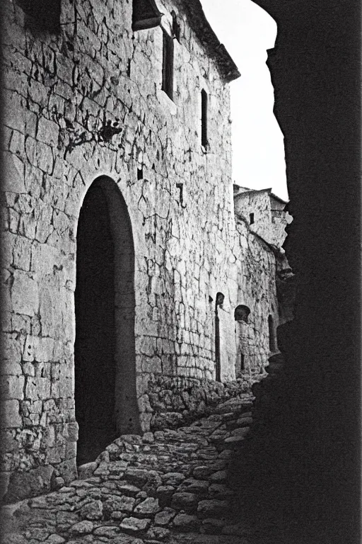 Image similar to a dark cave in the middle of an ordinary city, trogir golden hour 1 9 0 0 s photograph