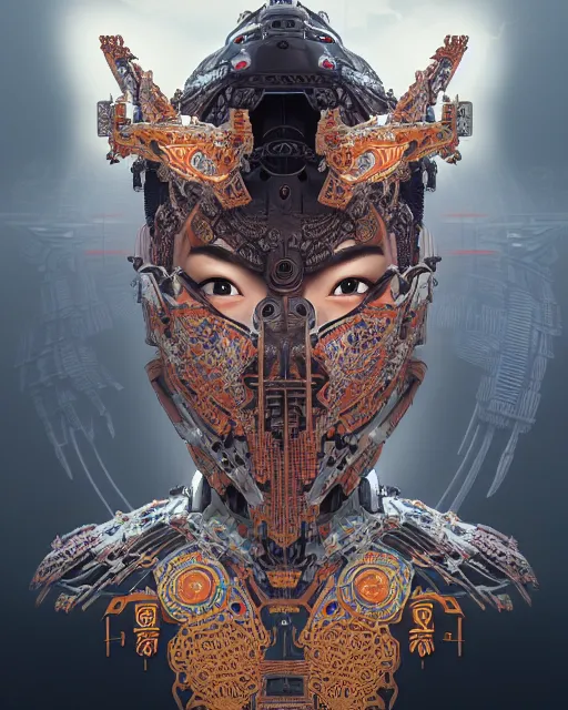 Image similar to symmetry!! portrait of a machine from horizon zero dawn, machine face, decorated with chinese opera motifs, asian, asian inspired, intricate, elegant, highly detailed, digital painting, artstation, concept art, smooth, sharp focus, illustration, art by artgerm and greg rutkowski and alphonse mucha, 8 k