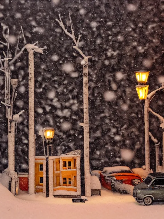 Image similar to mega detailed miniature diorama a soviet residential building, brutalism architecture, suburban, warm lights are on in the windows, man lies in the snow, dark night, fog, winter, blizzard, cozy and peaceful atmosphere, row of street lamps with warm orange light, several birches nearby, 1 9 9 0