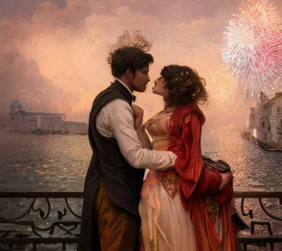 Image similar to photography of a 1 8 th couple in venice with fireworks, deep focus, intricate, elegant, highly detailed, digital painting, artstation, concept art, matte, sharp focus, illustration, art by artgerm and greg rutkowski and alphonse mucha and gil elvgren