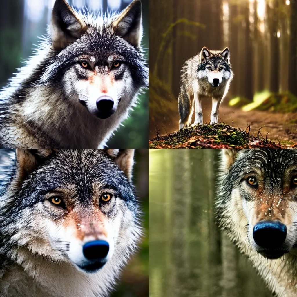 Prompt: ultra detailed beautiful portrait photo of a wet wolf, fur, backlit, forest, depth of field, bokeh