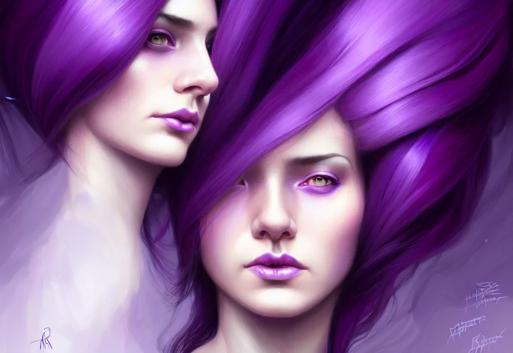 Prompt: Purple hair relistic Portrait of a two woman with bright colored flying hair, all shades of purple. Beauty face, Hair coloring, fantasy, intricate, elegant, highly detailed, digital painting, artstation, concept art, smooth, sharp focus, illustration, art by artgerm and greg rutkowski and alphonse mucha