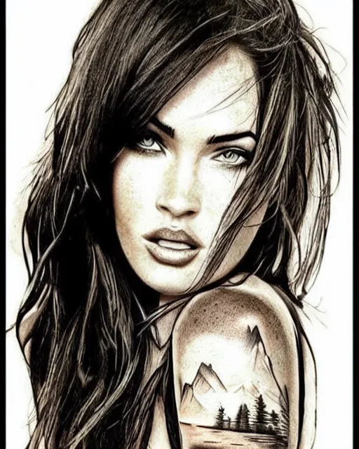 Image similar to creative double exposure effect tattoo design sketch of megan fox with beautiful mountain scenery, realism tattoo, in the style of matteo pasqualin, amazing detail, sharp