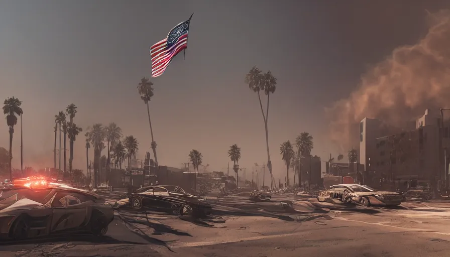 Image similar to los angeles under tons of sand, heat wave, cars in the streets, black smoke, flags, hyperdetailed, artstation, cgsociety, 8 k