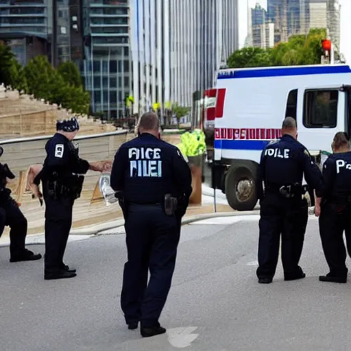 Image similar to police interviewing the world\'s largest pie