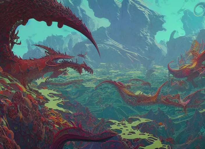 Prompt: psychedelic art of a landscape made of dragons, thousands of dragons, detailed, cel shaded, by makoto shinkai and moebius and anton fadeev and james gurney