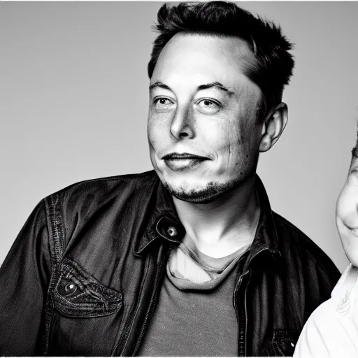 Image similar to A portrait photo of Elon Musk teams up with a teenage Elon Musk, perfect faces, 50 mm, award winning photography