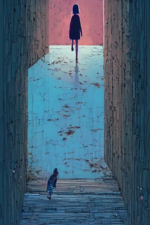 Prompt: a girl walking to a giant wooden door with archaic symbols embedded onto, digital art, very graphic illustration by pascal campion and moebius and victo ngai, colorful comics style
