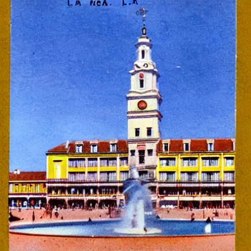 Image similar to coloured postcard of the fountain at la plaza mayor de madrid in 1 9 2 7 ; bromide real photo card with some additional hand - colouring