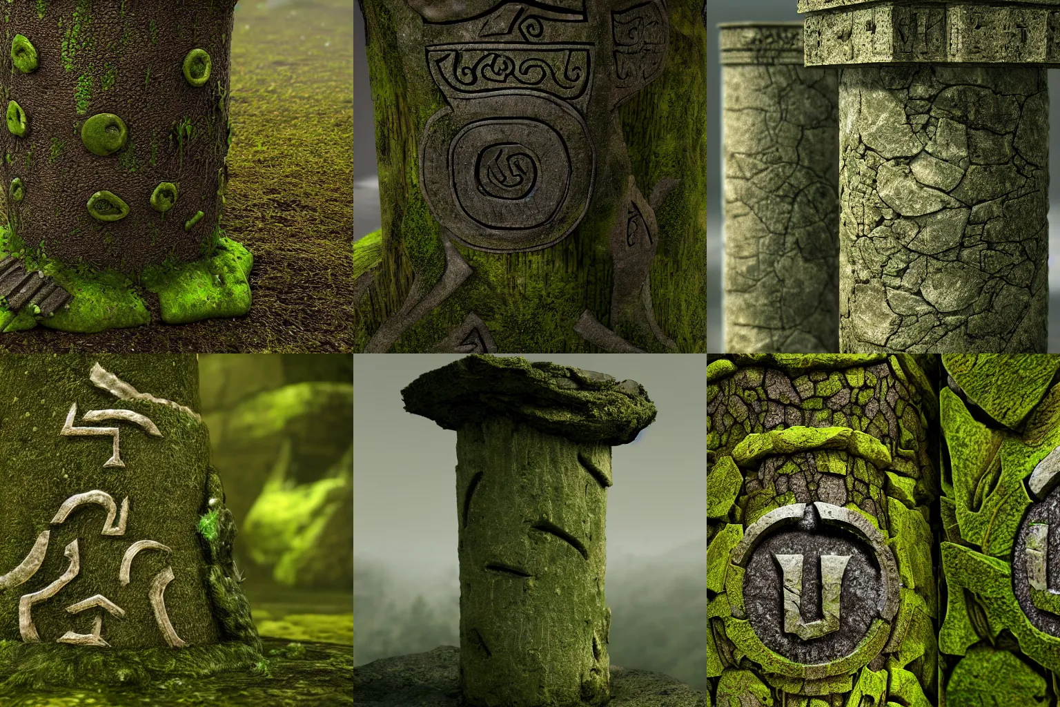 Prompt: ancient magic runes carved in a mossy stone column, realistic, concept art, cgsociety, octane render, trending on artstation, artstationHD, artstationHQ, unreal engine, 8k