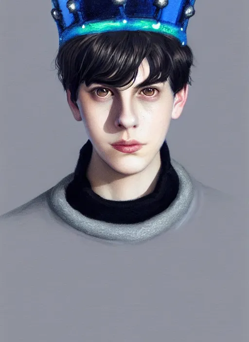 Prompt: portrait of teenage jughead jones wearing a light grey crown, crown, blue turtleneck, closed eyes, photorealistic, black hair, intricate, elegant, glowing lights, highly detailed, digital painting, artstation, concept art, smooth, sharp focus, illustration, art by wlop, mars ravelo and greg rutkowski