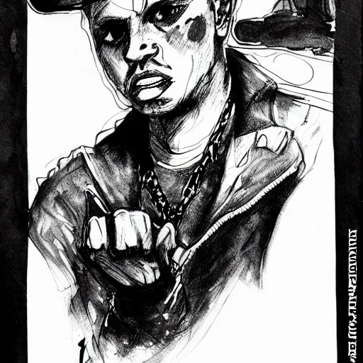 Prompt: street thug, character portrait, ink drawing, black and white, clean lines, concept art in the style of tim bradstreet