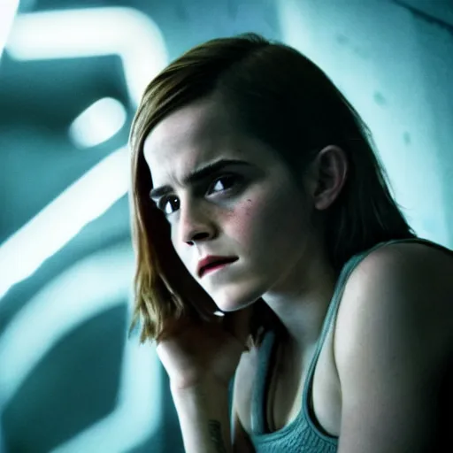 Image similar to emma watson starring in the new alien movie, 8 0 s movie, cinematic, movie poster, dark, moody