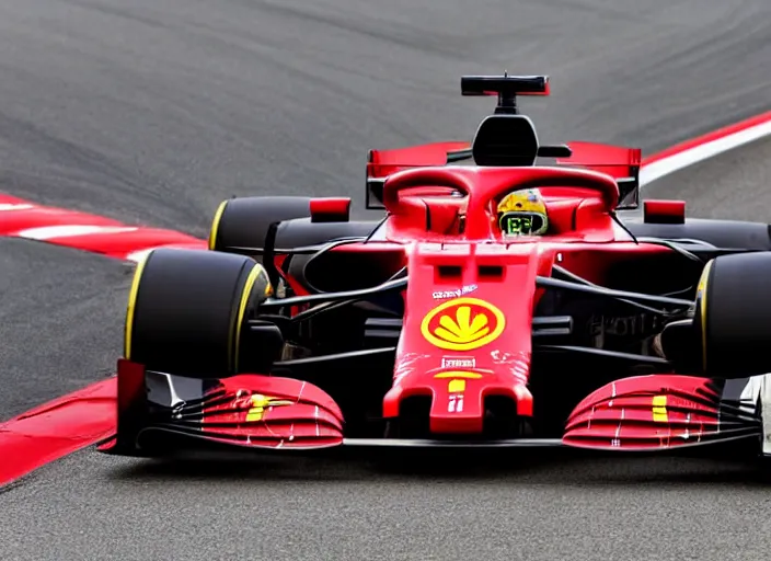 Image similar to live action photo of the 2 0 2 1 f 1 ferrari car, with clown sponsorship, 8 k, hdr, sports photography