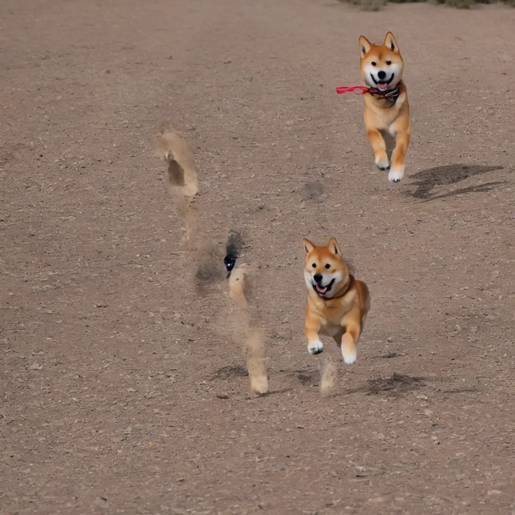 Prompt: A Shiba inu with bionic legs running in the desert