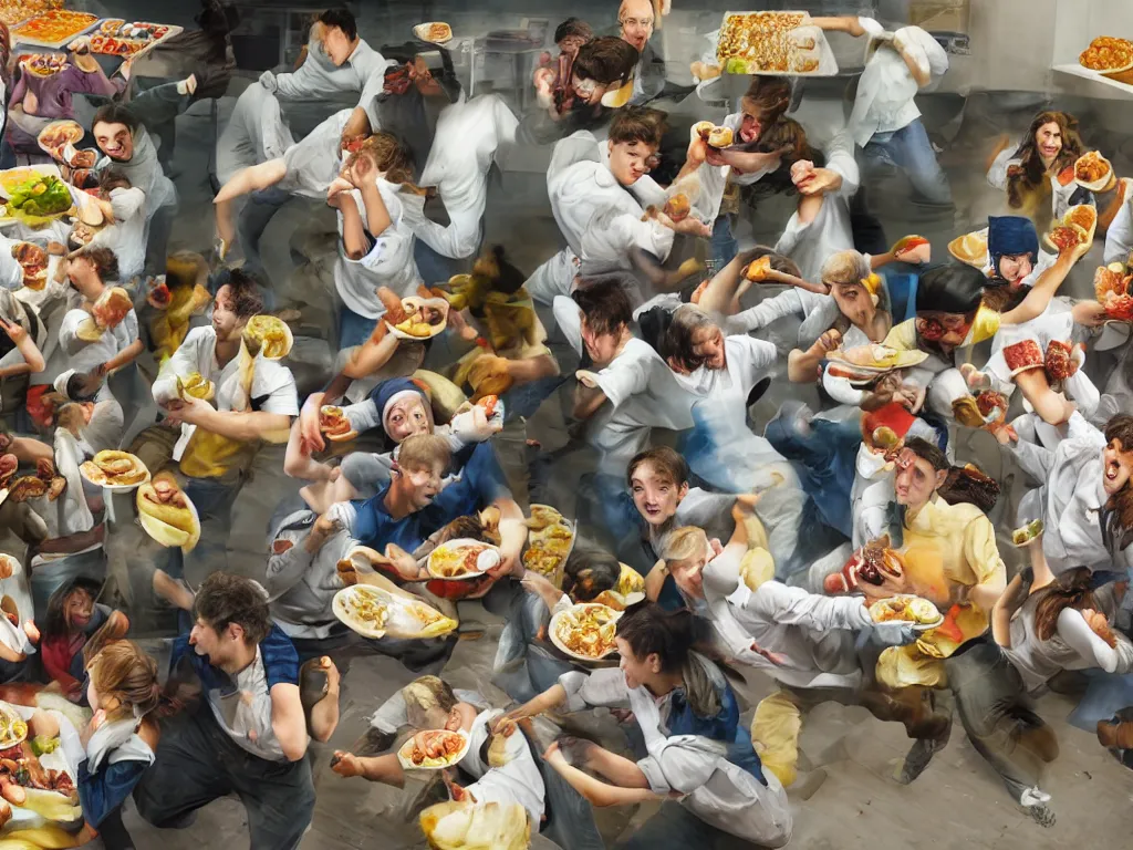 Prompt: a hyper realistic photograph of students fighting with food in the canteen by banksy, trending on artstation, 5 0 mm, cobra flash lighting, award winning photography, masterpiece