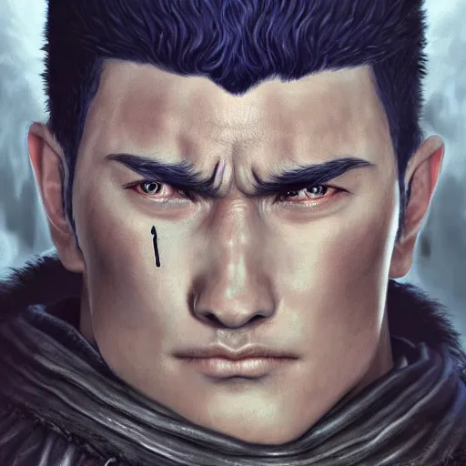 Image similar to photorealistic digital painting portrait of guts from berserk extremely detailed, made by wlop and maxwell boas