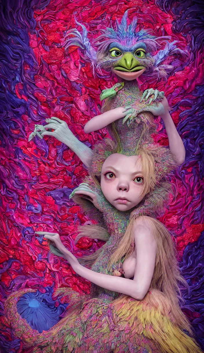 Prompt: hyper detailed 3d render like a Oil painting - kawaii portrait of two Aurora (a beautiful skeksis muppet fae queen protector heroine from dark crystal that looks like Anya Taylor-Joy) seen red carpet photoshoot in UVIVF posing in scaly dress to Eat of the Strangling network of yellowcake aerochrome and milky Fruit and His delicate Hands hold of gossamer polyp blossoms bring iridescent fungal flowers whose spores black the foolish stars by Jacek Yerka, Ilya Kuvshinov, Mariusz Lewandowski, Houdini algorithmic generative render, Abstract brush strokes, Masterpiece, Edward Hopper and James Gilleard, Zdzislaw Beksinski, Mark Ryden, Wolfgang Lettl, hints of Yayoi Kasuma and Dr. Seuss, octane render, 8k