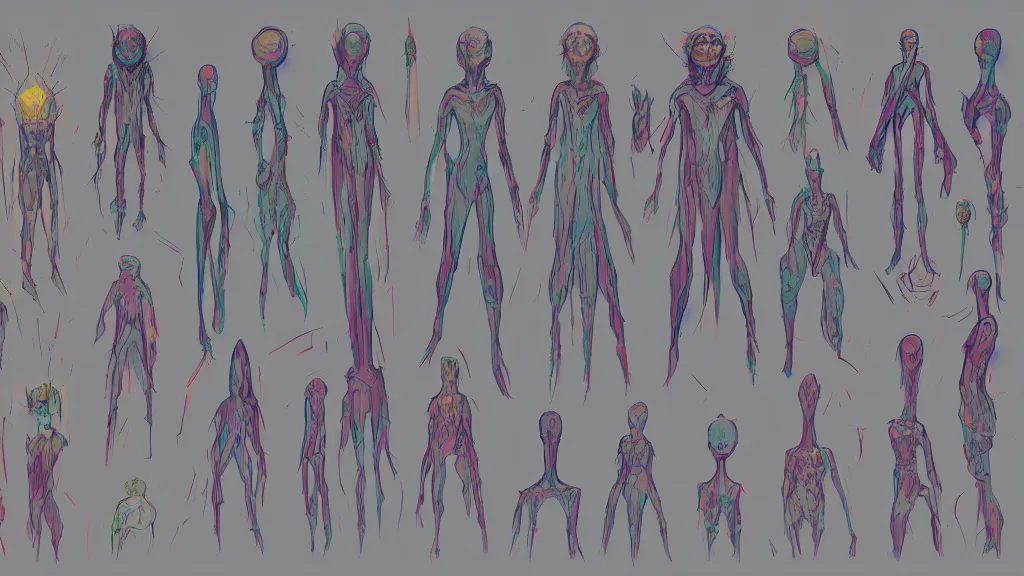 Prompt: concept art, colorful character sheet for an androgynous extraterrestrial with large bulbous head, religious robes, retrofuture, fantastic planet, moebius, valerian, coherent, illustration, digital art, trending on artstation, hd, 8 k, good lighting, beautiful, rough paper, masterpiece