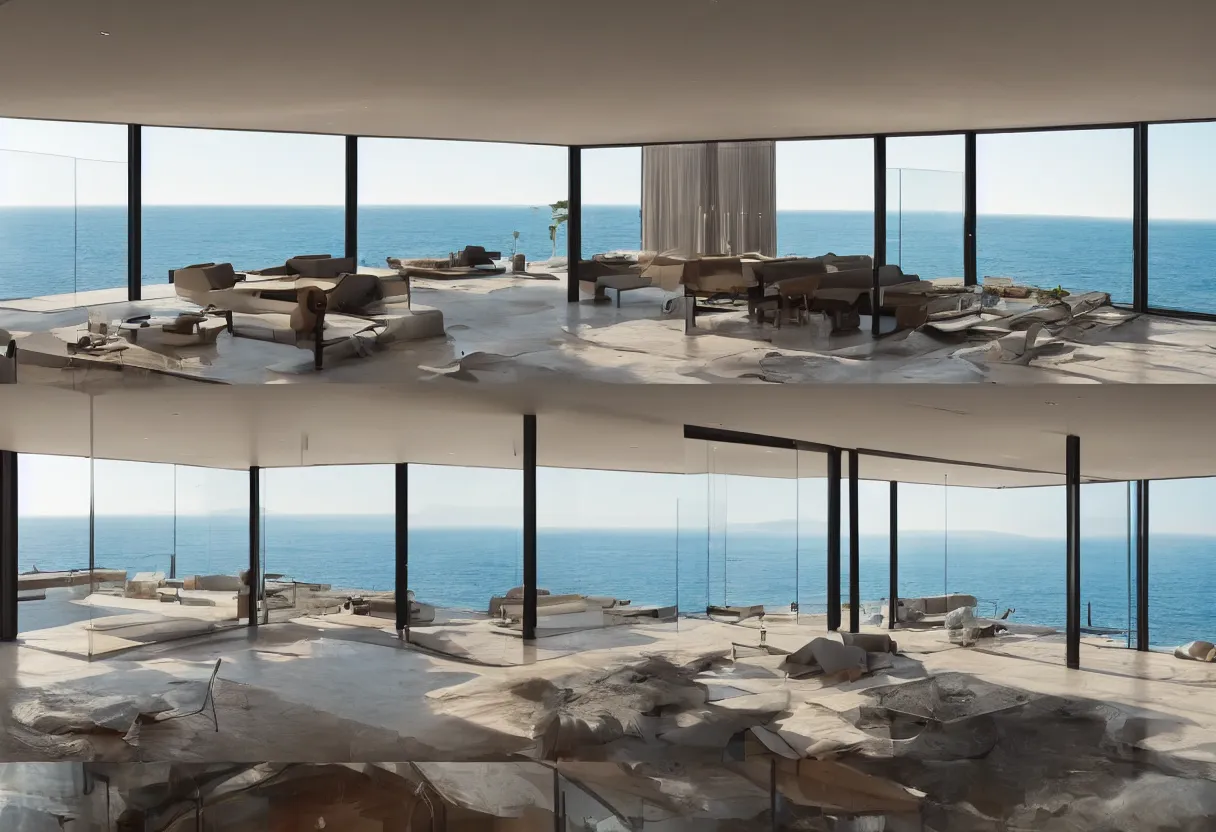 Prompt: Modern interior of a house with big windows, modern furniture at dawn, Located on a cliff view to the sea, detailed architecture coherent high detail