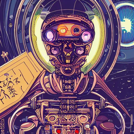 Image similar to detailed intricate color manga illustration of a renaissance Saint as an evil cyborg robot, cyberpunk, in space