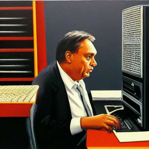 Image similar to viktor orban programming a commodore 6 4 in a cubicle, oil painting