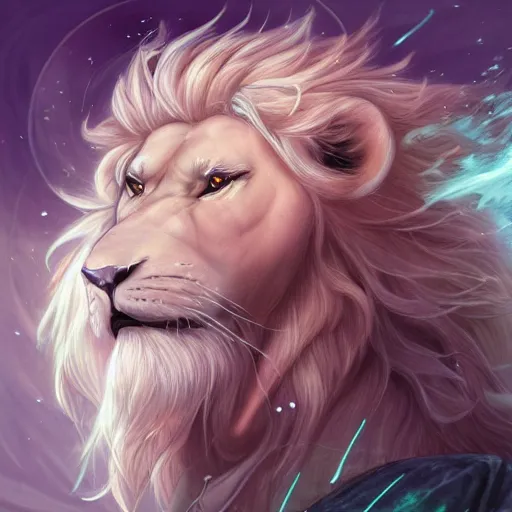 Image similar to aesthetic portrait commission of a albino muscular and attractive anthro lion with mane turning into green cosmic smoke while wearing an attractive pastel greek jeweled outfit floating inside a floating palace in the clouds, minimalistic art, hyperdetailed. Character design by charlie bowater, ross tran, artgerm, and makoto shinkai, detailed, inked, western comic book art, 2021 award winning painting