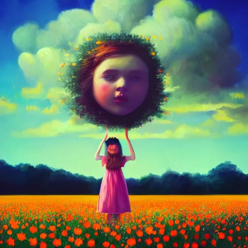 Image similar to girl with a giant daisy head, surreal photography, flower field, sunset dramatic light, impressionist painting, colorful clouds, blue sky, digital painting, artstation, simon stalenhag