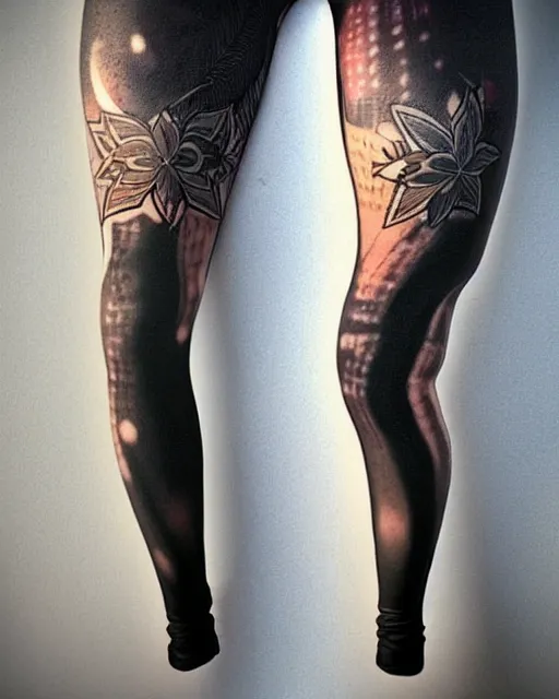 Image similar to Perfect leggings pattern imitating tattoos, focus on the pants, completely frontal and 100 percent symmetrical close-up on legs, highly detailed, digital painting, artstation, concept art, smooth, sharp focus, illustration, art by Artgerm and Hajime Sorayama