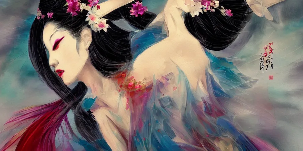 Image similar to full body geisha prima ballerina dancing in the wind, beautiful, ethereal, gorgeous, volumetric lighting, elegant, fluid, highly detailed oil painting, digital painting, concept art, smooth, sharp focus, illustration, strong lines and bold colors, limited color palette, atmosphere and tension, Japanese,manga, trending on artstation