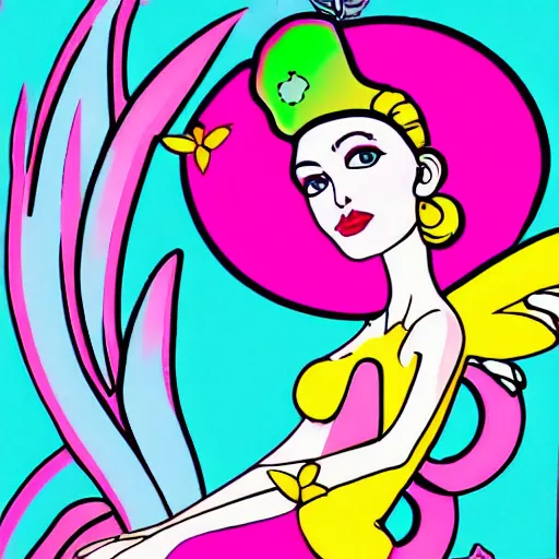 Prompt: goddess like fairy sitting on a giant mushroom eighties pop art style