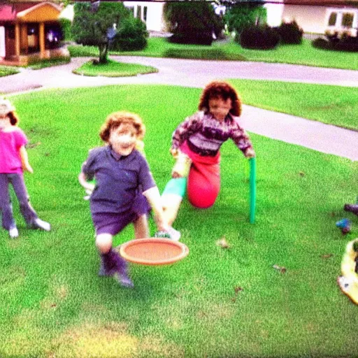 Image similar to still from a 90s home video of kids playing in the yard