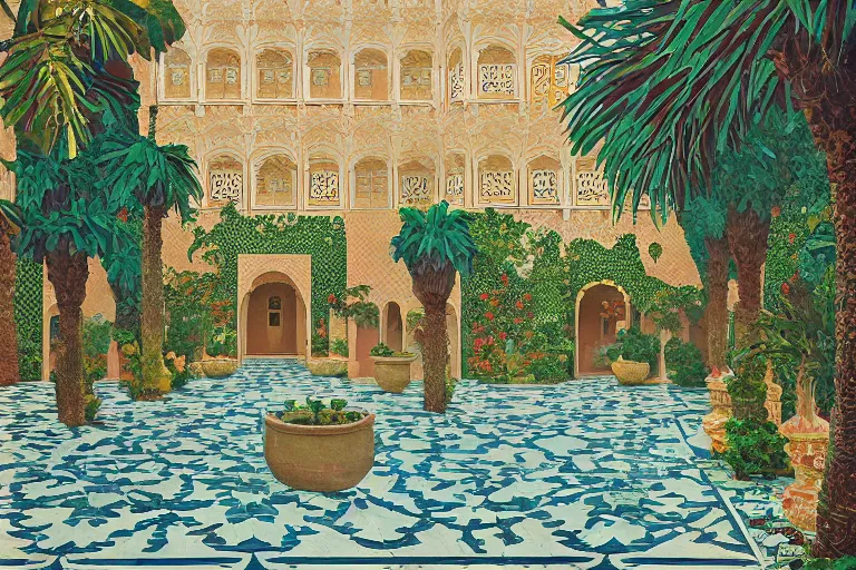 Image similar to painting of a beautiful moorish palace courtyard garden, by arkady rylov and alayna danner and maxfield parrish, patterned tilework, palm trees, tiled fountains, extremely detailed, cinematic lighting, smooth sharp focus