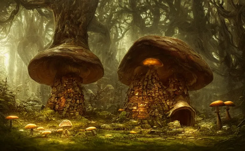 Image similar to A mushroom house!!!!, in a dark forest, macro, cool tones, underexposed, overecast, mysterious matte painting by greg rutkowski and marc simonetti and Ivan Shishkin, 4k