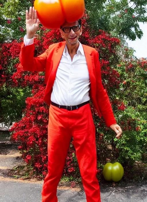 Image similar to jeff goldblum in a tomato outfit