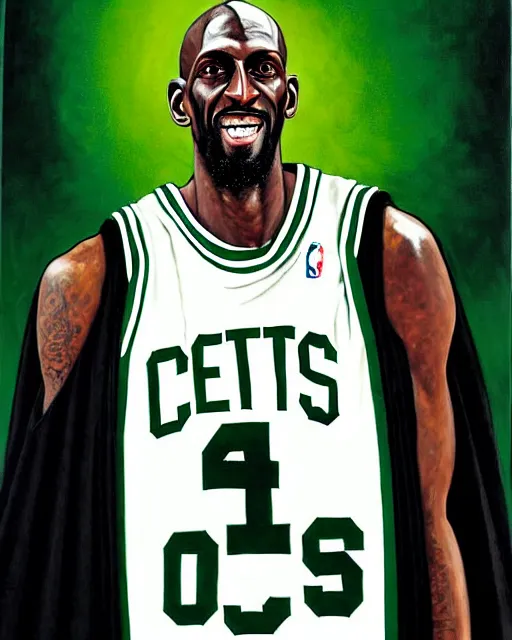 Prompt: portrait of boston celtics kevin garnett as a wizard at hogwarts, full body, wizard ing robe, mystical, magic wand, oil on canvas by william sidney mount, award winning