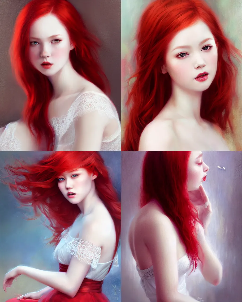 Prompt: girl with red hair and white lace dress, a beautiful portrait, soft painting, by stanley artgerm lau, wlop, rossdraws, lerapi, and sakimichan