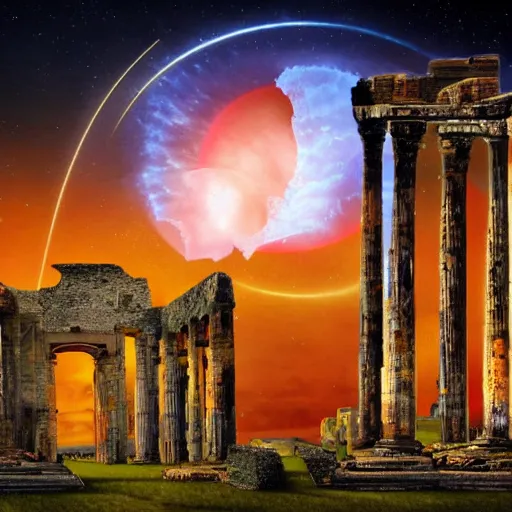 Prompt: a colossal gigantic glowing orange jellyfish hovering beneath a portal in the sky, tendrils hanging towards the ground, galaxies and stars in a stylized sky at twilight, ancient ruins in the foreground, ancient cities in the background, digital art