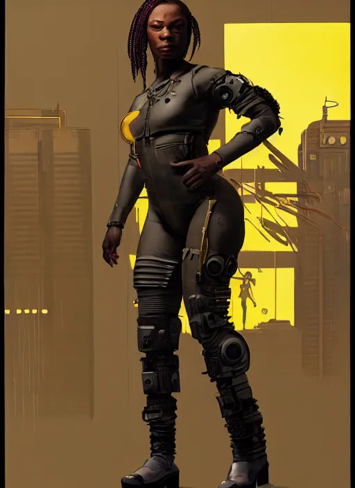 Prompt: sonya igwe. cyberpunk mercenary in tactical harness and jumpsuit. dystopian. portrait by stonehouse and mœbius and will eisner and gil elvgren and pixar. realistic proportions. cyberpunk 2 0 7 7, apex, blade runner 2 0 4 9 concept art. cel shading. attractive face. thick lines. moody industrial landscape.
