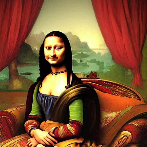 Image similar to Monalisa is sitting on her living room couch. She is dressed casually and is watching TV, Regal, Realistic, Refined, Detailed Digital Art, Josephine wall, Oil Painting, William-Adolphe Bouguereau, Art Frahm, Esao Andrews, Steampunk, Highly Detailed, Cinematic Lighting, Unreal Engine, 8k, HD