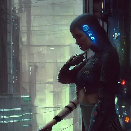 Image similar to female cyberpunk cyber hacker, cybernetic implants, wires, cables, grunge grime, realistic shaded, fine details, realistic shaded lighting painting by greg rutkowski, diego gisbert llorens, magali villeneuve, artgerm, jeremy lipkin, michael garmash, rob rey