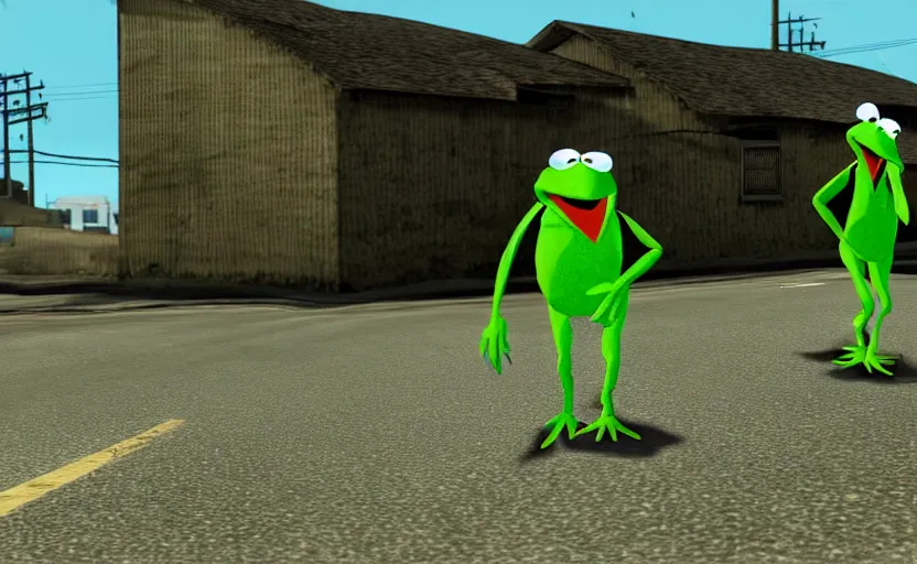 Image similar to kermit the frog in gta san andreas, cinematic shot, 4 k