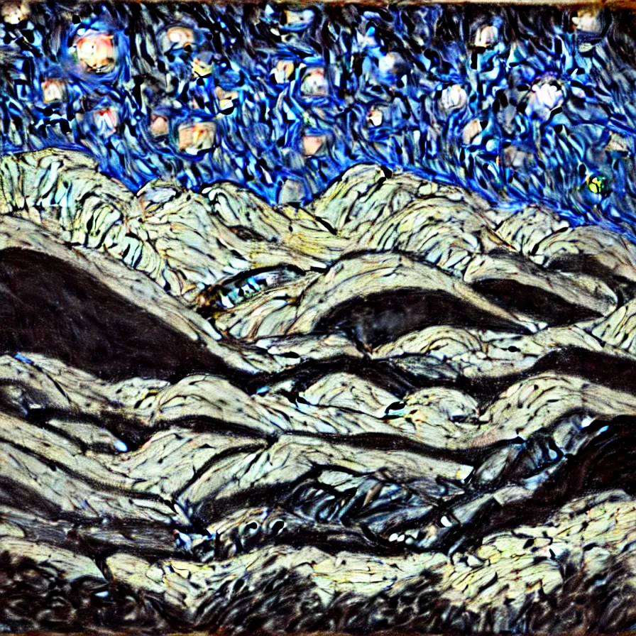 Image similar to thick impasto textured oil black and white painting of the laurentian appalachian mountains in winter by vincent van gogh, unique, original and creative landscape, snowy night, distant town lights, aurora borealis, deers and ravens, footsteps in the snow, brilliant composition