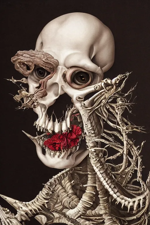 Image similar to Detailed maximalist portrait with large lips and with large white eyes, angry, exasperated expression, skeletal, HD mixed media, 3D collage, highly detailed and intricate, surreal illustration in the style of Caravaggio, dark art, baroque
