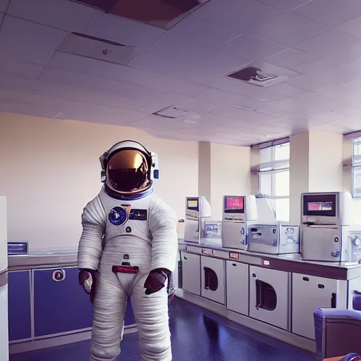 Prompt: a beautiful photo of an astronaut waiting in a laundromat, soft light, morning light, depth of field, photorealistic, realistic, octane, 8k, cinematic shot